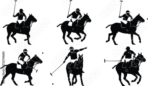 Set of polo players on horseback silhouettes, captured in various dynamic poses while hitting the ball, showcasing the excitement of the equestrian sport