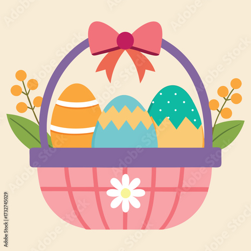easter basket with eggs and flowers