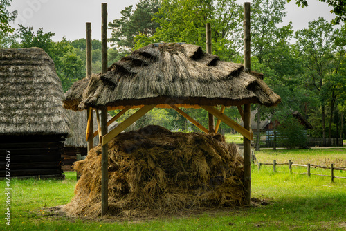 This captivating image showcases a traditional thatched haystack structure, elevated on wooden poles, set against a lush green countryside landscape. The rustic design, with its thick straw covering