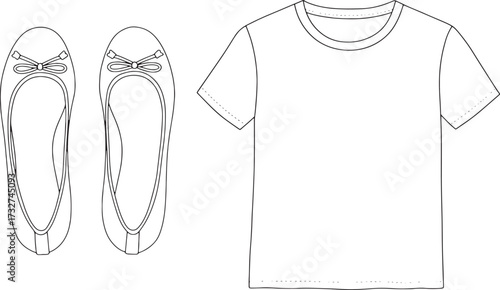 Minimalist T-Shirt and Ballet Flats – Graphic Outline Illustration for Fashion Design Mockups and Apparel Industry