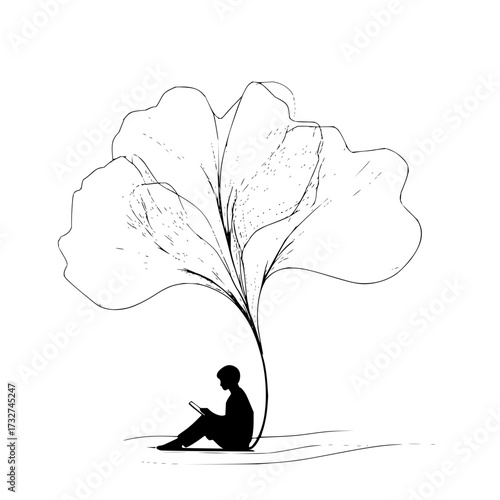 Silhouette of person sitting under a large leaf reading from a tablet in a black and white drawing