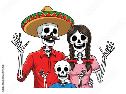 Celebration of Life: An illustrated portrayal of a festive family, celebrating their heritage in the spirit of a cultural tradition, adorned in vibrant attire.