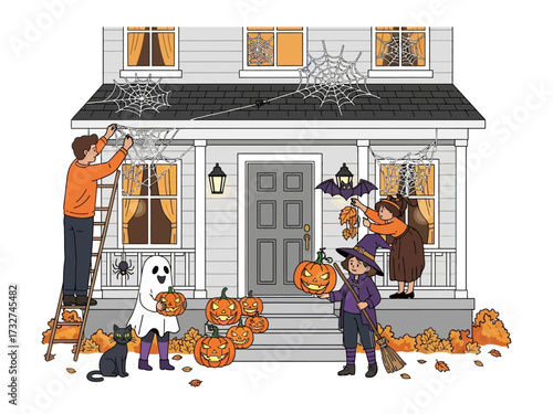 Halloween Preparation: A whimsical illustration of a family coming together, adorning their home with festive decorations like pumpkins, spiderwebs, and friendly ghosts.