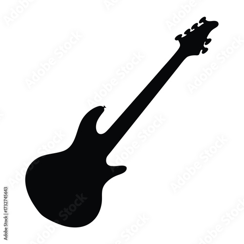 Black silhouette of an electric guitar against a white background on angle