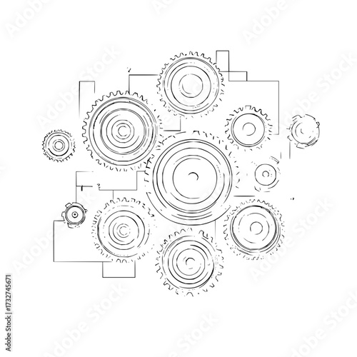 Illustration of multiple gears connected by lines forming a complex mechanical system design artwork