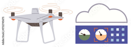 Quadrotor quadcopter flying near cloud-connected dashboard displaying gauges and controls. Ideal for technology, data management, automation, remote operations, innovation, IoT, simple flat metaphor
