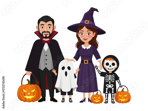 Happy Halloween Family Portrait: A heartwarming illustration of a family celebrating Halloween, featuring parents and children in charming costumes and holding jack-o'-lanterns.