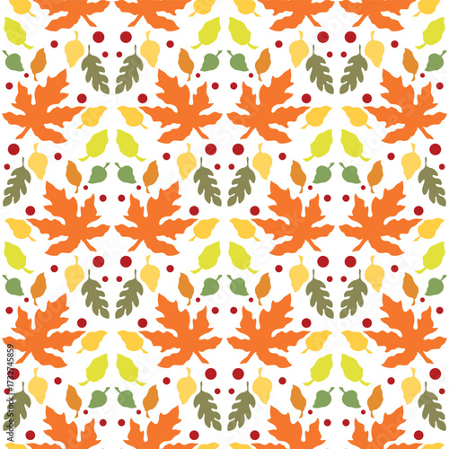 Autumn seamless pattern of orange maple leaves. Multicolored floral ornament of leaves on white background. Bright autumnal plant vector illustration. Fall seasonal mosaic. Decor for Thanksgiving Day