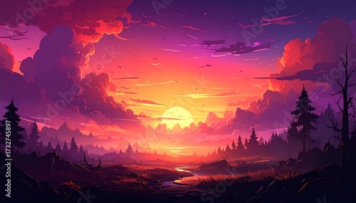 A breathtaking digital painting of a vibrant sunset over a tranquil forest.