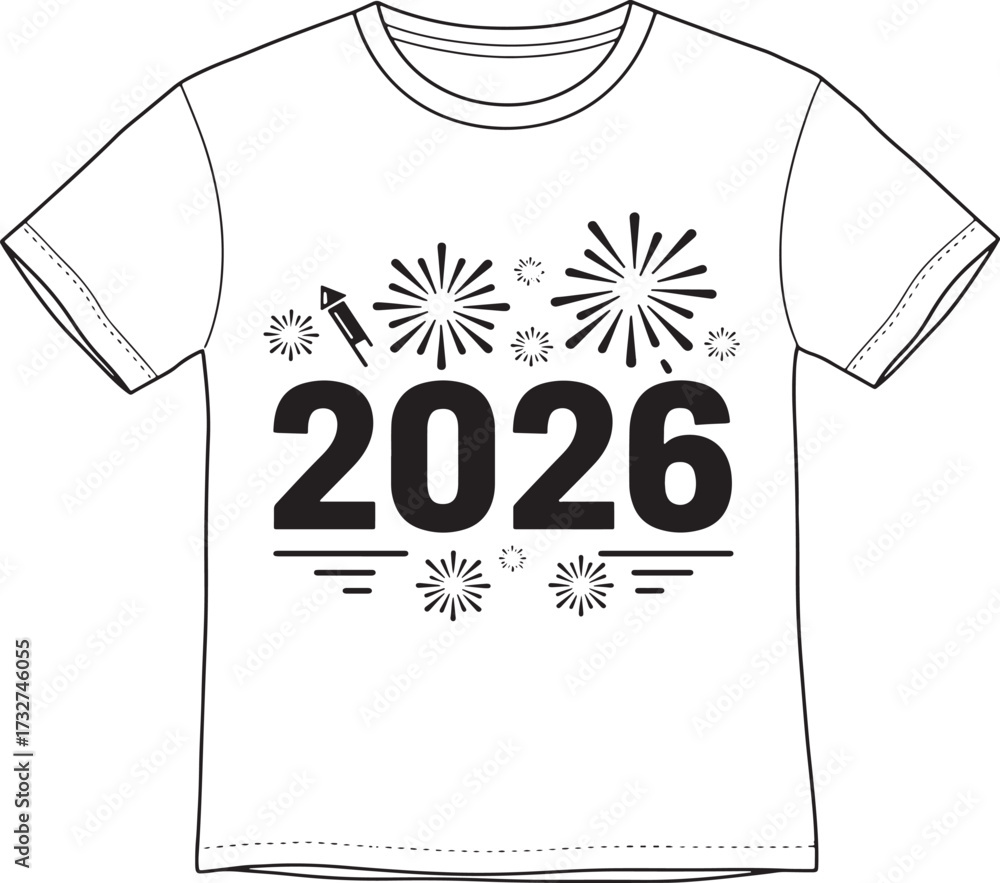 Naklejka premium Celebrate 2026 Vector Graphic Tee with Fireworks for New Year’s Eve Party and Future-Themed Apparel Design