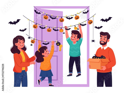 Halloween Festivities: A cheerful family decorates their home with Halloween decorations, including pumpkin lights and bats, creating a festive atmosphere and embracing the joy of the season.