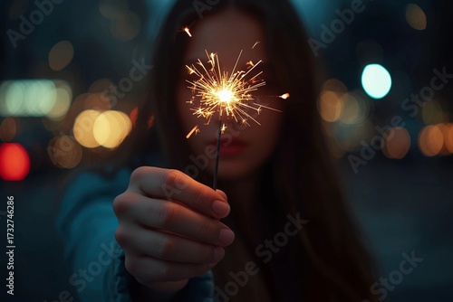 hand holding lit sparkler with fiery sparks and bokeh lights in urban night scene