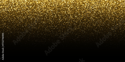 Gold glitter confetti on black background. Shiny glowing particles falling from top in dense festive pattern. Festive vector illustration for luxury celebration and elegant event design.