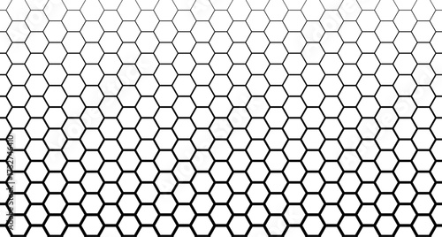 Honeycomb gradient hexagon seamless pattern. Black outlined hexagonal grid fading from thick to thin lines on white. Modern vector geometric design for backgrounds, wallpapers, and digital graphics.
