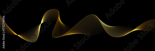 Gold waves background. Golden wavy lines isolated on black. Smooth glowing curves with elegant light gradient effect. Futuristic energy motion concept. Abstract vector illustration.