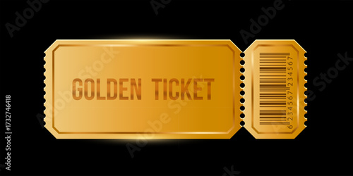 Golden ticket with barcode isolated on black background. Gold coupon, sticker, discount tag mockup. Cinema, theater, concert, party, event invitation entrance. Realistic vector illustration.