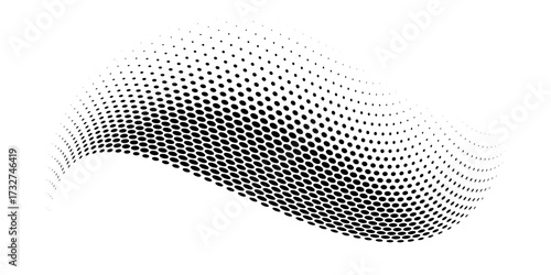 Abstract dotted wave. Halftone curved shape in black color isolated on white background. Curved and twisted gradients form. Trendy graphic vector illustration.