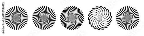 Spiral patterns. Radial circular shapes with bold black segments on white background. Spiral varies in twist and density, creating optical illusion effect. Geometric abstract vector illustrations set.