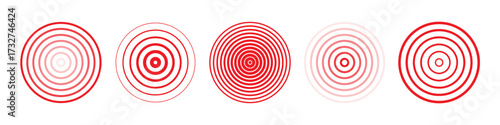 Red concentric circles representing pain or pressure points. Medical or health concept icons with varied line weights and opacities. Minimal flat style graphic. Vector illustration.