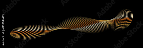 Gold waves background. Golden wavy lines isolated on black. Smooth glowing curves with elegant light gradient effect. Futuristic energy motion concept. Abstract vector illustration.