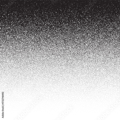 Grain noise background. Black and white grainy noise texture fading vertically. Halftone-style pattern with dense top and sparse bottom. Abstract grunge vector illustration.