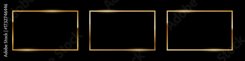 Golden frames on black background. Luxurious glowing borders with subtle lighting effects. Elegant template for gallery, award, design showcase. Realistic vector illustrations set.