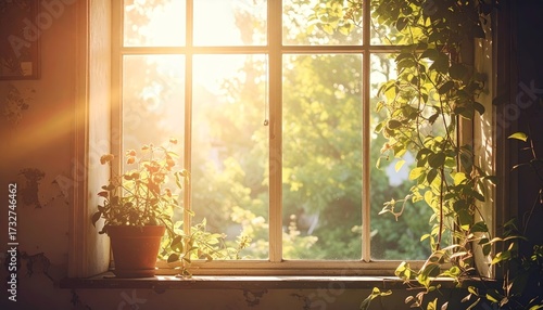 Sunlit Window with Plants and a Warm Interior Scene.