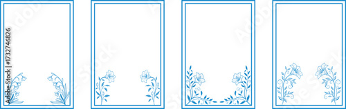 Set of four light blue floral frames with delicate corner decorations. Elegant botanical borders perfect for stationery, cards, and invitations. Minimal and stylish design.