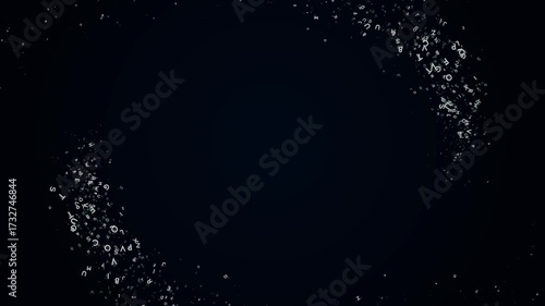 A whirlwind of letters appears on a dark background. Abstract background animation.