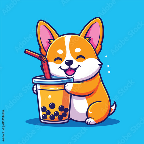 Cute corgi dog with boba milk tea cartoon vector icon illustration. animal drink icon concept isolated premium