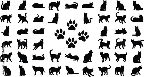 Cat silhouette illustration set with paw print circle, feline poses vector clipart for pet themes, animal behavior, and minimalist design