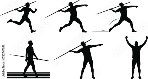Silhouettes of a javelin thrower athlete in various poses, from the running approach to the throw and final pose, for track and field sports