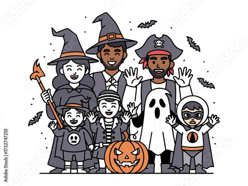 Halloween Costume Gathering: A heartwarming group of costumed characters gathers to share the festivities of Halloween. The vibrant illustration portrays a moment of joy and imagination.