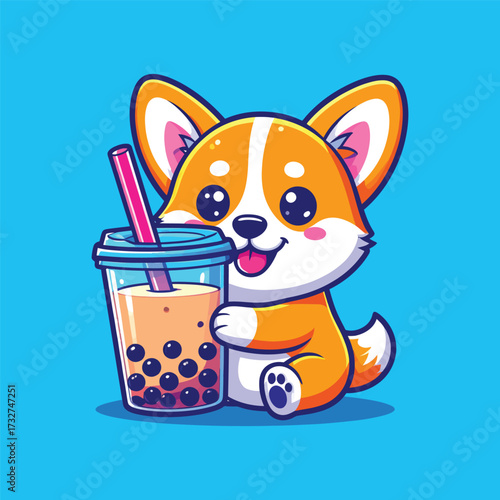 Cute corgi dog with boba milk tea cartoon vector icon illustration. animal drink icon concept isolated premium
