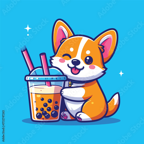 Cute corgi dog with boba milk tea cartoon vector icon illustration. animal drink icon concept isolated premium