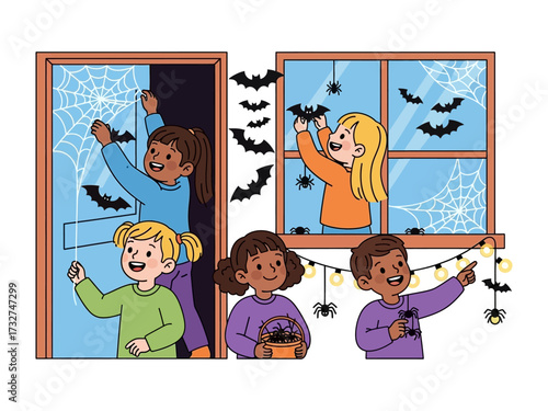 Halloween Decoration Fun: A group of kids decorating a window with bats, spider webs, and spiders for a fun-filled Halloween celebration.
