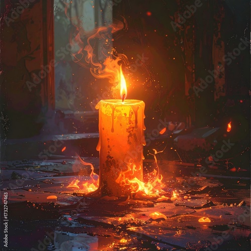Burning Candle on a Dark, Textured Surface with Fiery Embers.