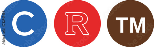 Copyright symbol, registered trademark, trademark icon, blue red brown circles, legal protection, branding, logo, rights, secure, design, graphic, minimal, ownership, identity, law, official