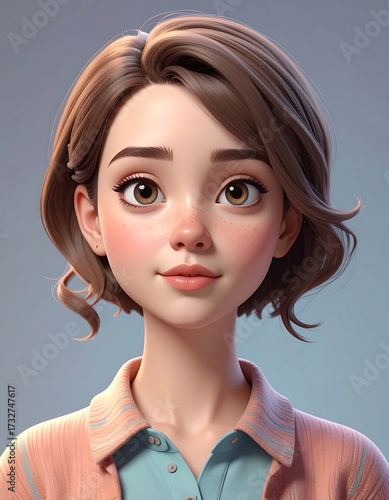 Beautiful 3D animated character portrait of a young woman with short brown hair and a gentle smile.