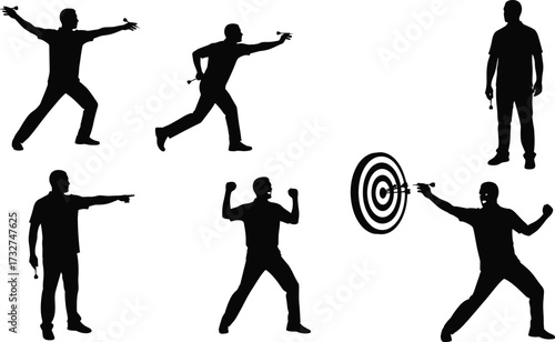Silhouettes of a male darts player in various poses, including throwing, aiming, and celebrating, for the pub sport and recreation concept