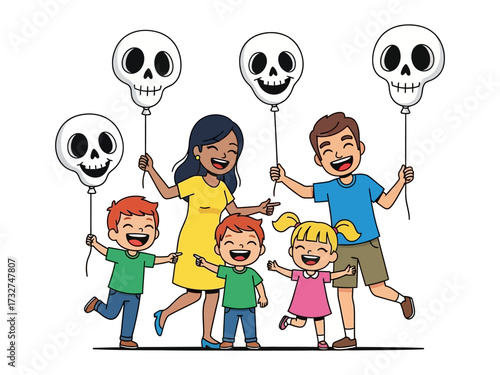 Halloween Family Fun: A smiling family, including parents and three children, joyfully poses with skull-shaped balloons, embracing the festive spirit of Halloween with laughter and delight.