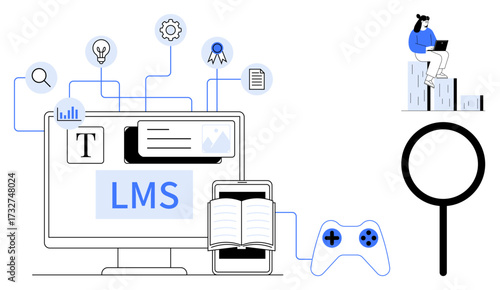 Computer screen displaying LMS interface, book, gaming controller, magnifying glass, icons for learning. Ideal for online education, e-learning, remote work, technology research knowledge