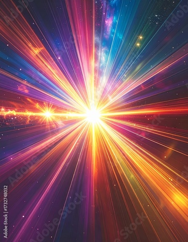 Vibrant Light Burst in Space with Colorful Rays and Starry Background.