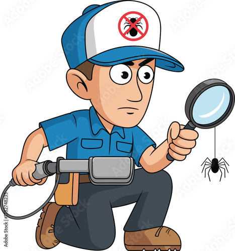 Pest control worker cartoon illustration, inspecting spider with magnifying glass, exterminator vector in blue uniform, professional pest management clipart