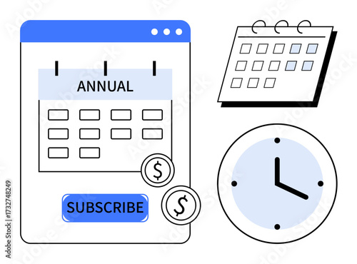 Digital calendar for annual subscription, clock symbolizing time, payment signs for cost. Ideal for finance, time management, subscription services, planning, scheduling business reminders. Simple