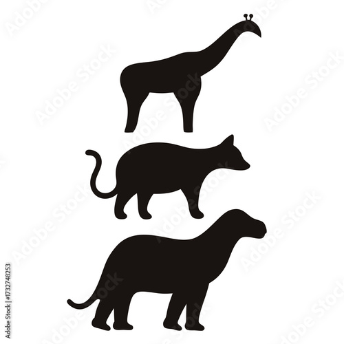 Black and white animal silhouettes featuring a giraffe, cat, and tapir