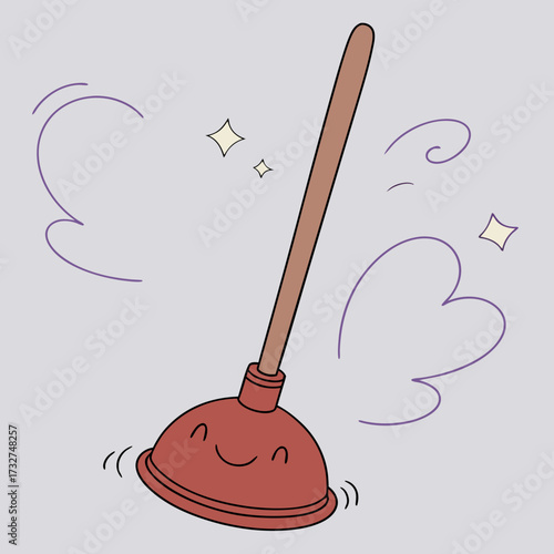Cheerful cartoon plunger character with sparkling clean effect and whimsical swirls, perfect for home maintenance and cleaning services