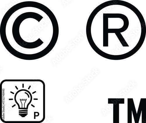 Copyright symbol, registered trademark, patent icon, trademark symbol, intellectual property, legal protection, branding, logo, invention, rights, secure, design, graphic, minimal, ownership, identity
