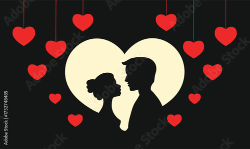 Romantic couple silhouette illustration, heart background design, Valentine’s day vector, love expression clipart, hanging hearts, affectionate relationship theme