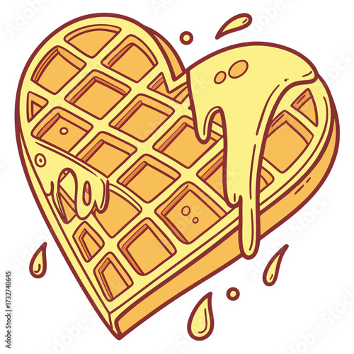 Delightful heart shaped waffle dripping with sweet syrup and a playful vibe for breakfast celebrations